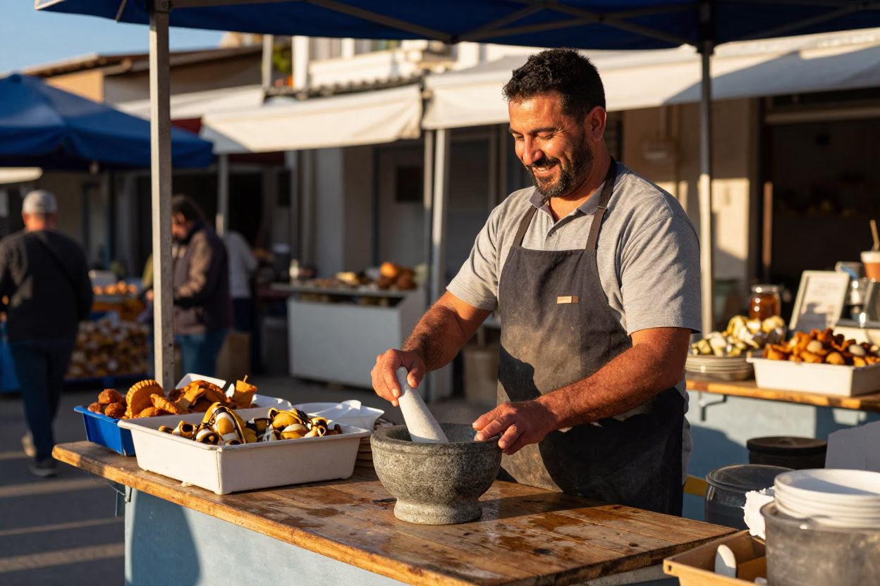 Smiling Local Vendor Preparing Traditional Greek Food in Athens in in Athens, Greece