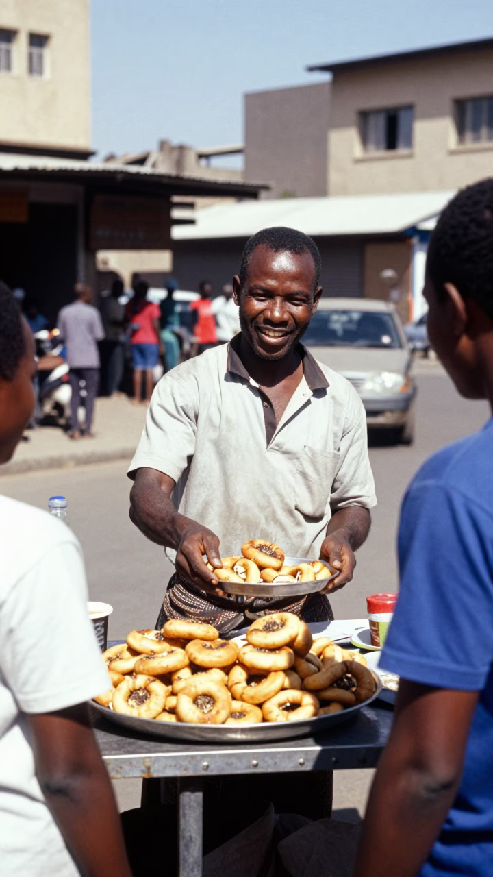 Smiling Local Vendor Serving Cardamom Mandazi in Bright Johannesburg Midmorning Light in in Johannesburg, South Africa