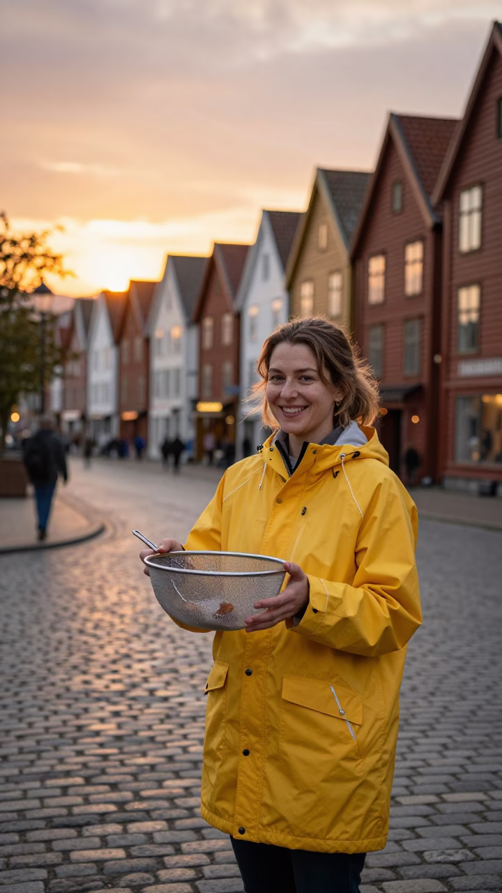 Smiling Local Woman Holding Mesh Colander at Bergen Norway Sunset Street Scene in in Bergen, Norway