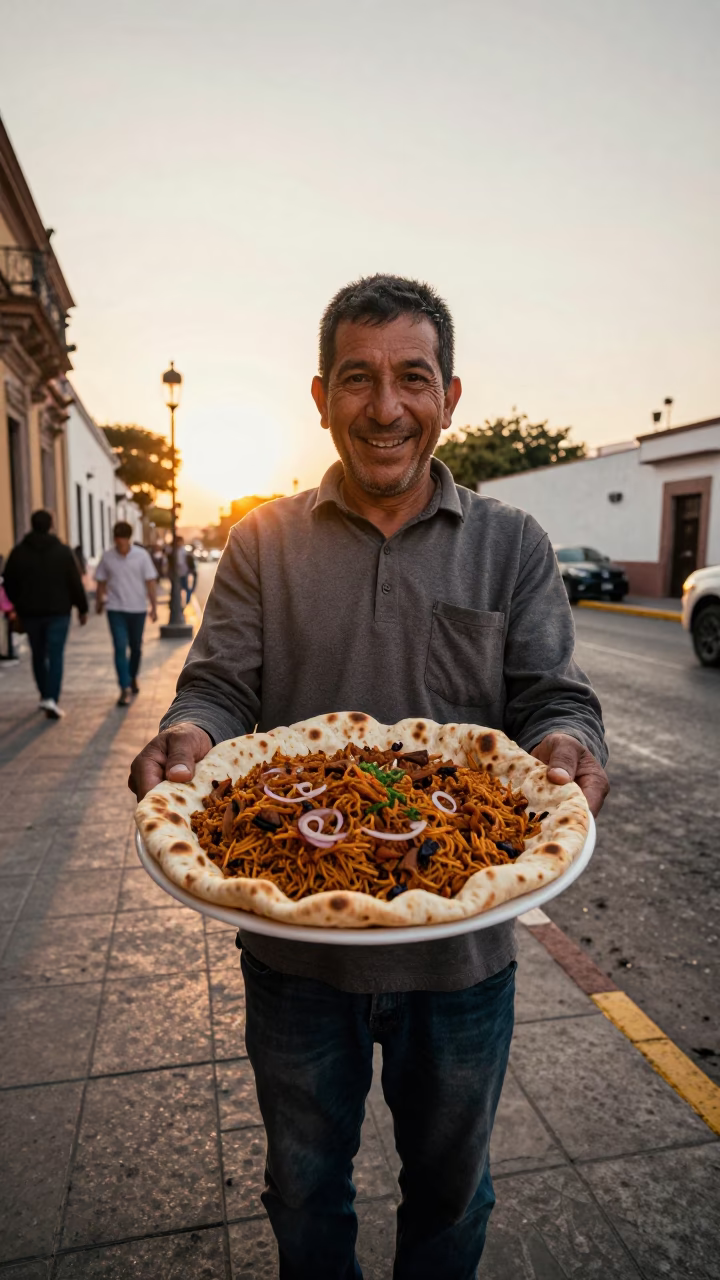 Smiling Man Holding A Plate Of Mansaf in Guadalajara in in Guadalajara, Mexico