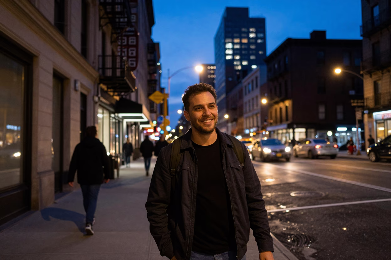 Smiling Man in Indigo Twilight New York City Street with Polished Brass Handle in in New York, New York, United States