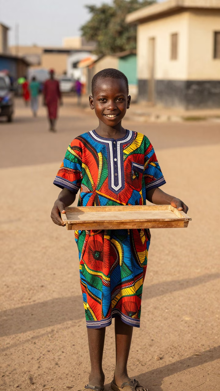 Smiling Senegalese Child Holding Wooden Tray in Dakar Early Afternoon Street Scene in in Dakar, Senegal