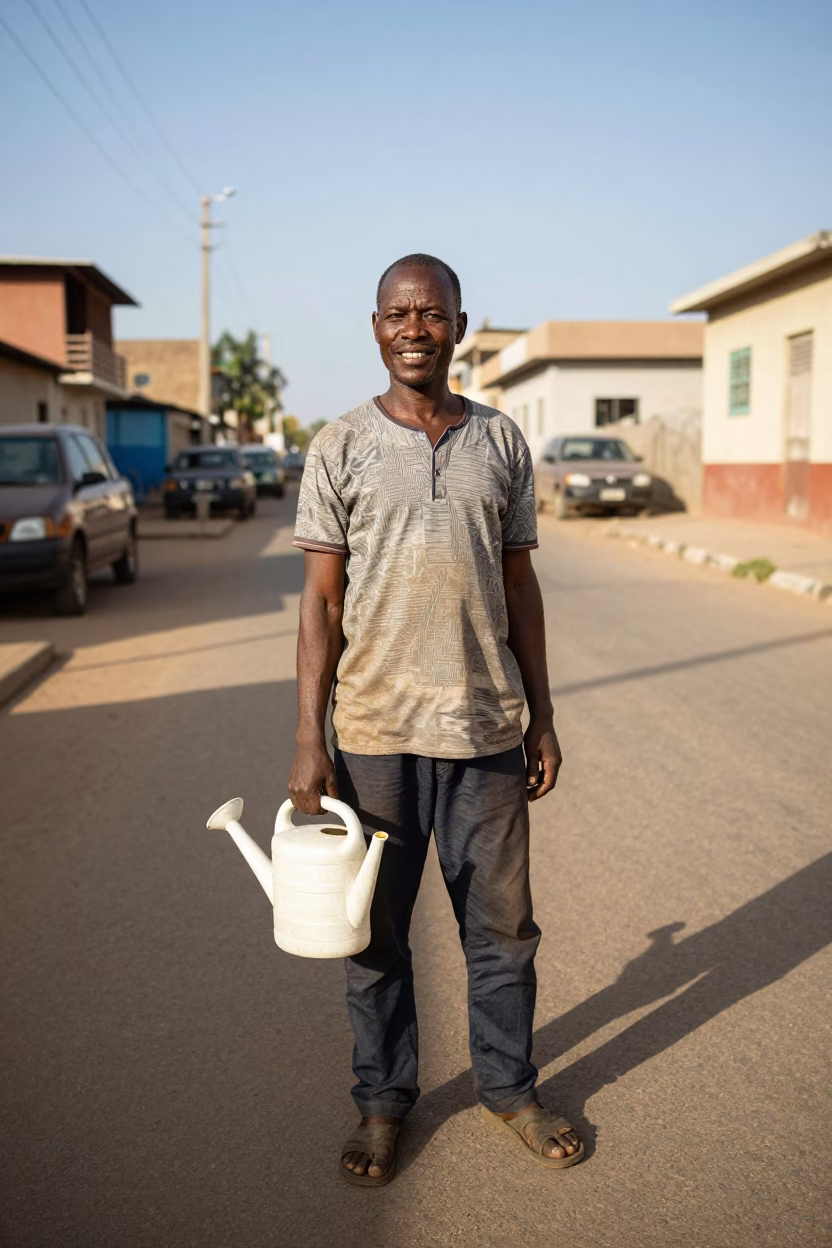 Smiling Senegalese Man Holding Watering Jug in Dakar Late Morning Street Scene in in Dakar, Senegal