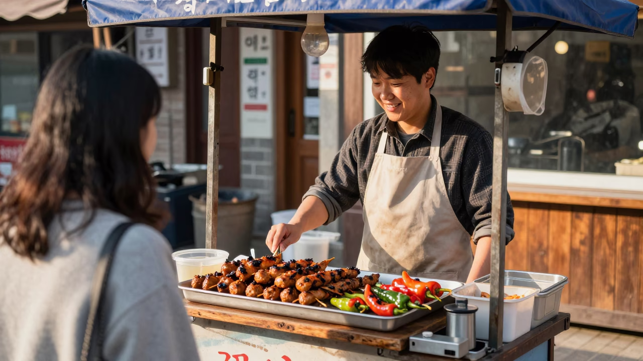 Smiling Seoul Street Vendor Serving Hot Kofte with Grilled Peppers in Late Afternoon Light in in Seoul, South Korea