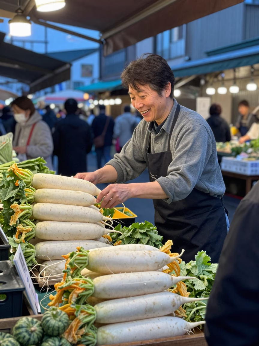 Smiling Shopkeeper Arranging Fresh Vegetables at Sapporo Nijo Market in Early Evening in in Sapporo, Japan