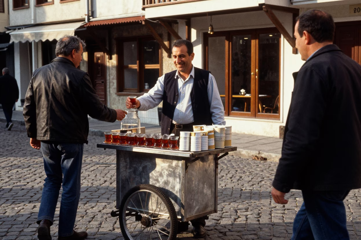 Smiling tea seller in Izmir late afternoon light in in Izmir, Turkey