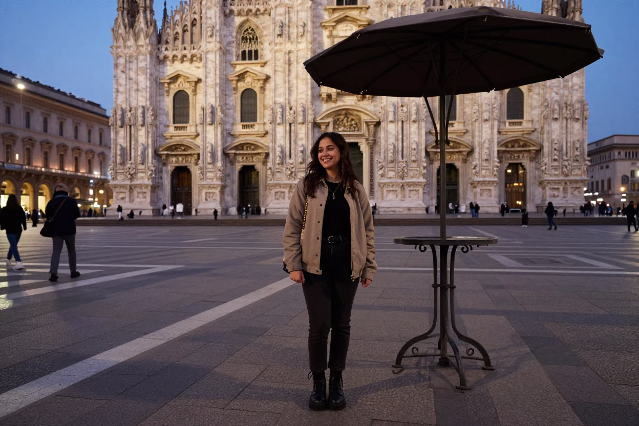 Smiling Tourist in Milan at The Early Evening Light in in Milan, Italy
