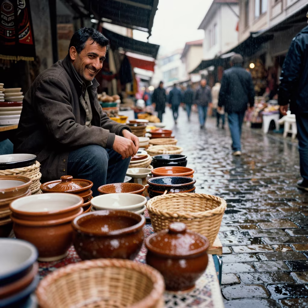 Smiling Vendor in Isparta Market Rain in in a flea market lane in Isparta