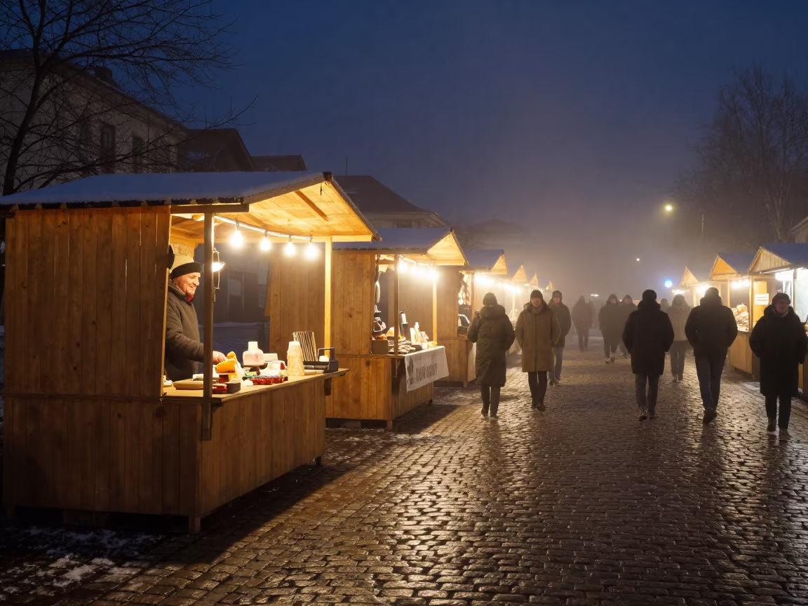Smiling Vendor in Rybnik Night Market in in a flea market lane in Rybnik