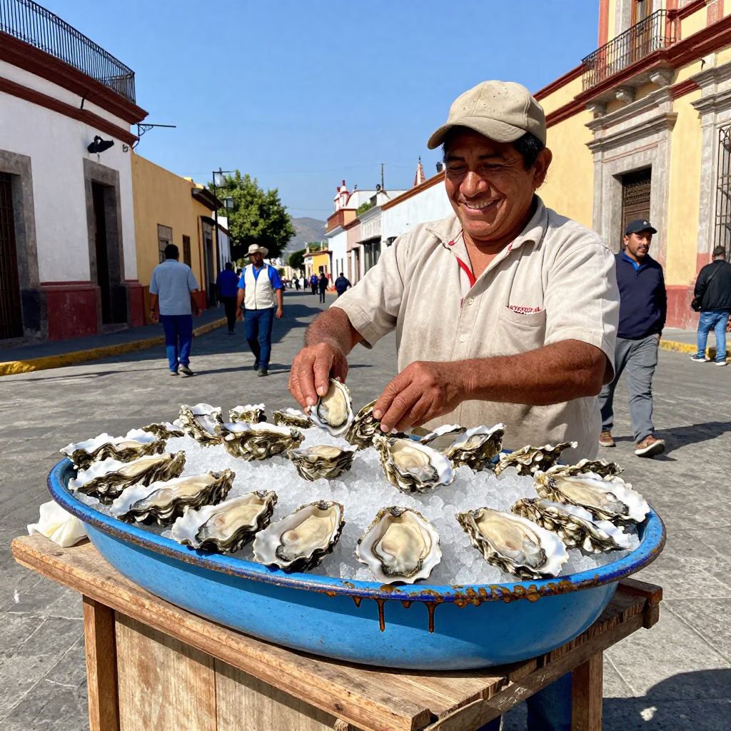 Smiling Vendor Sells Fresh Oysters on Busy Oaxaca Street Corner in in Oaxaca, Mexico