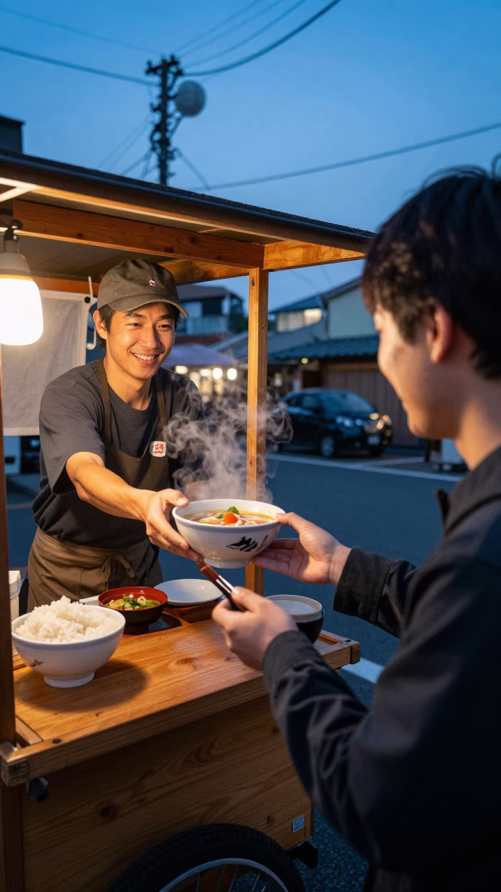 Smiling Vendor Serving Tom Yum Soup in Fukuoka Early Evening Street Scene in in Fukuoka, Japan