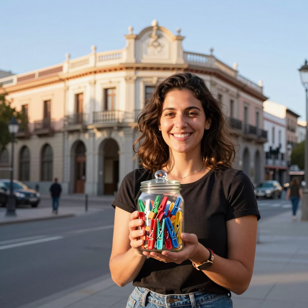 Smiling Woman Holding A Jar Of Clothespins Early Afternoon in Madrid in in Madrid, Spain