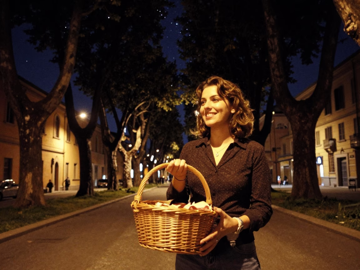 Smiling Woman Holding A Wicker Basket in Bologna in in Bologna, Italy