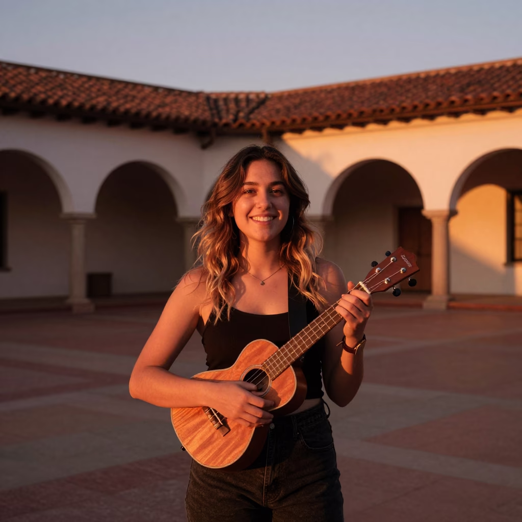 Smiling Woman in San Diego at Copper-toned Light Before Dusk in in San Diego, California, United States
