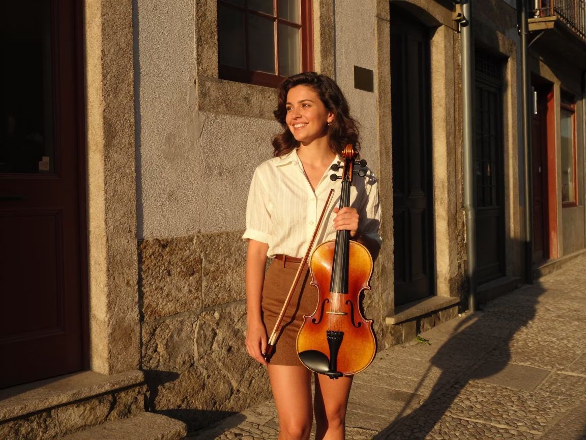 Smiling Woman in Vintage 1970s Porto Holding a Violin Case in Golden Evening Light in in Porto, Portugal
