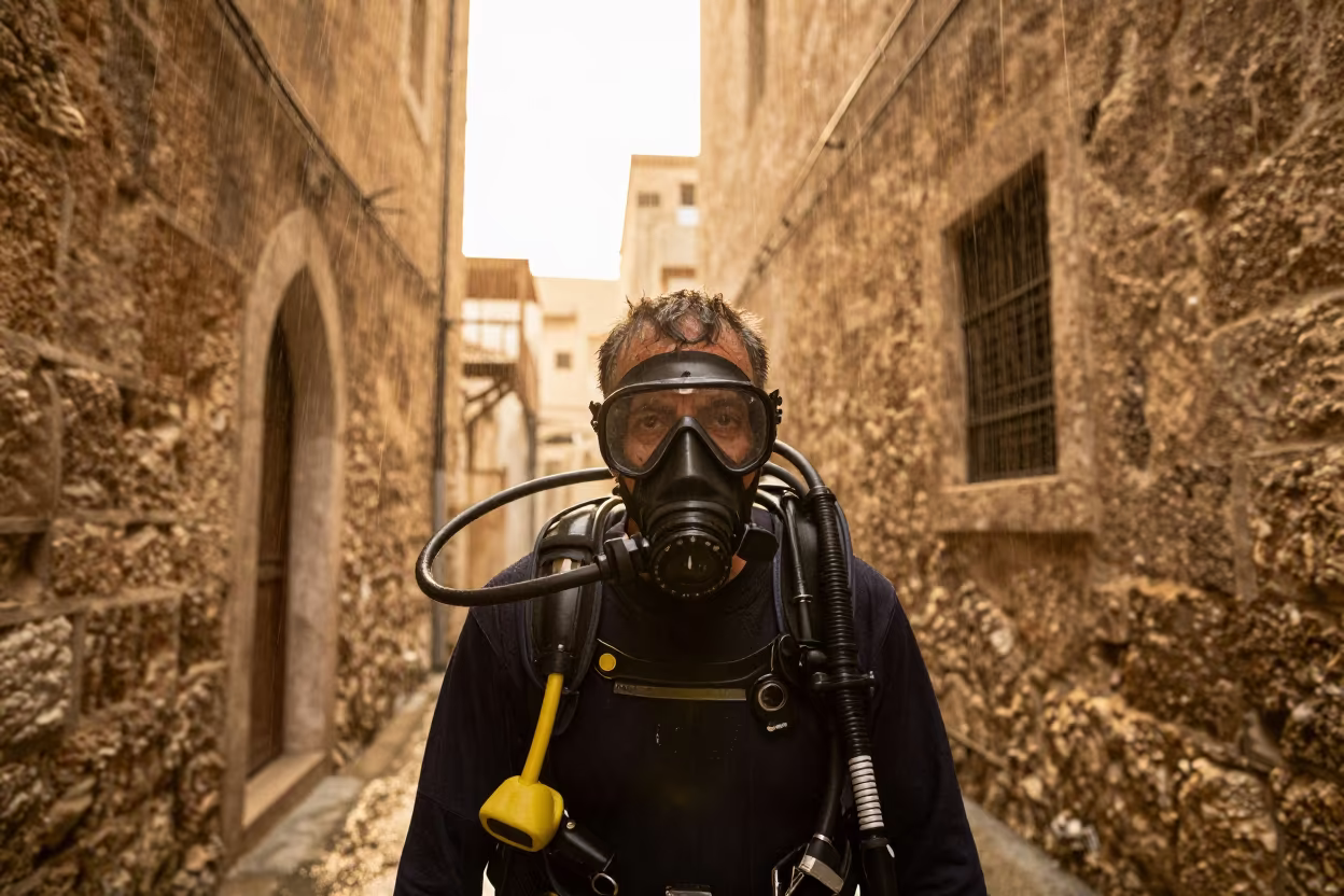Smoke Diver Portrait in Monsoon Medina Alley in in a narrow stone alley near Medina