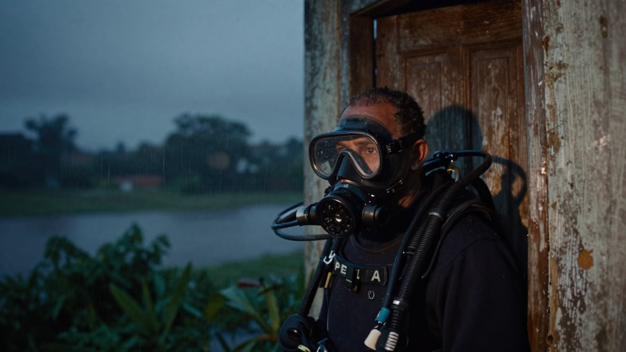 Smoke Diver Portrait Under Luanda Starlight in against a weathered doorway near Luanda