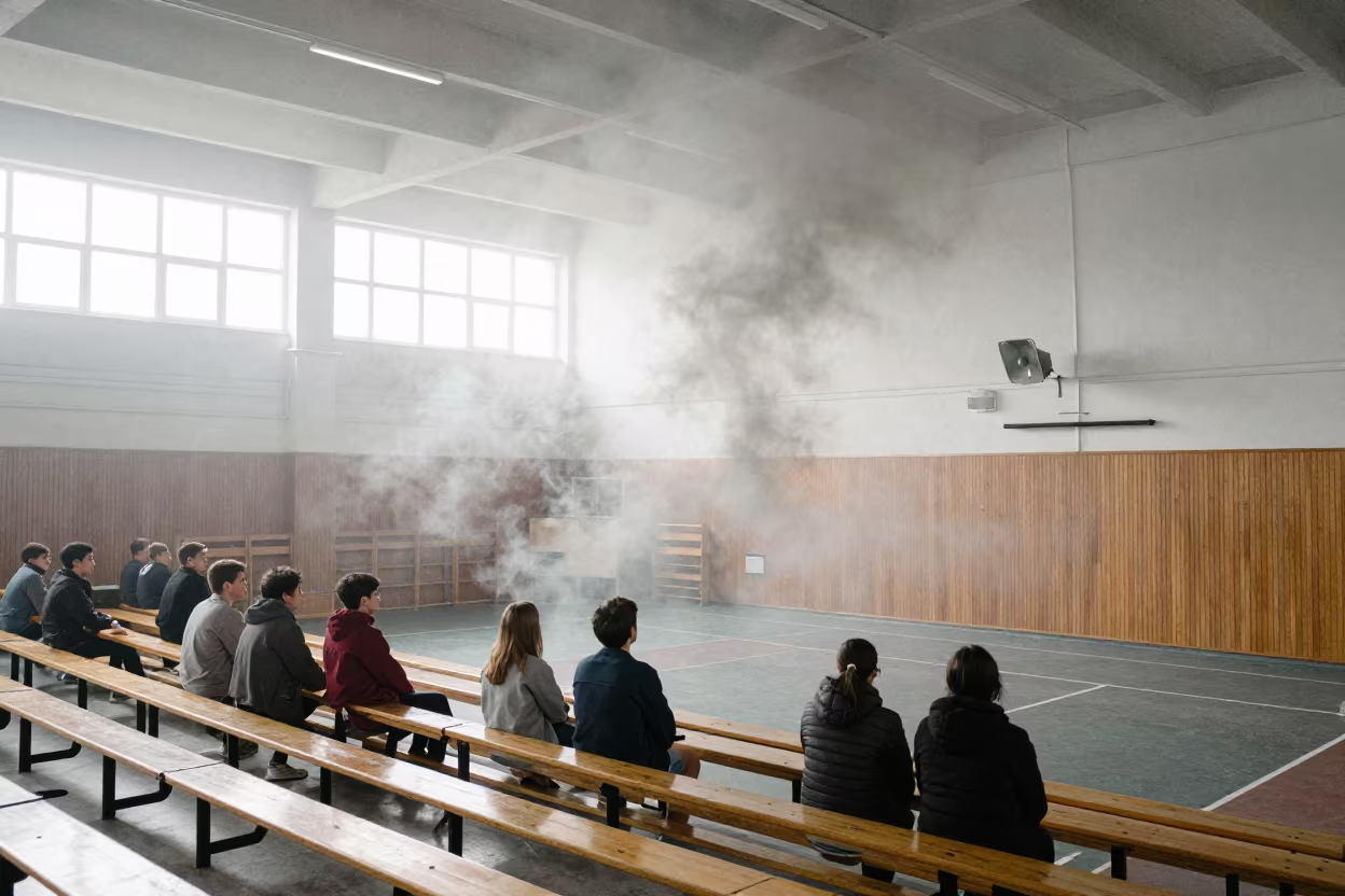 Smoke Falls Like Liquid in Napier Polling Gym in inside a polling station gymnasium in Napier
