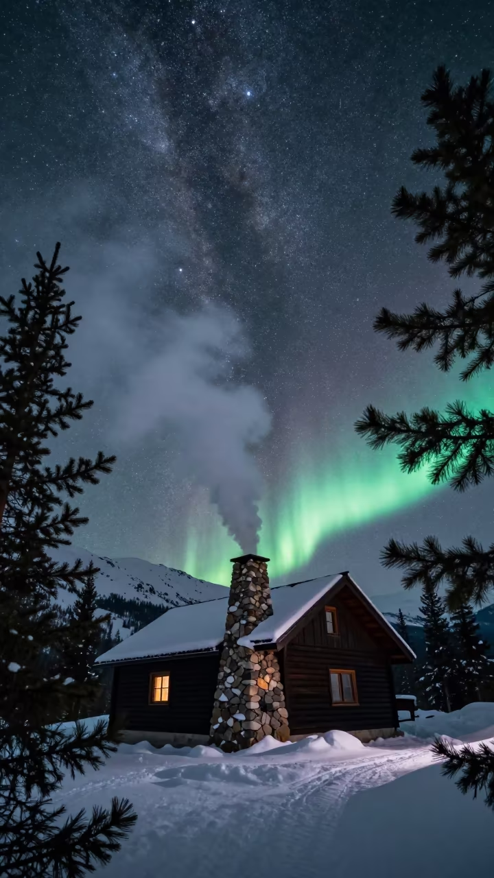 Smoke From Mountain Hut Chimney Under Winter Milky Way in from a quiet alpine saddle in Canada