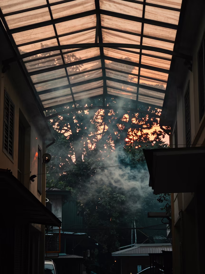 Smoke Plumes Forest Canopy Double Exposure Yangon in inside a glass-roofed arcade in Yangon