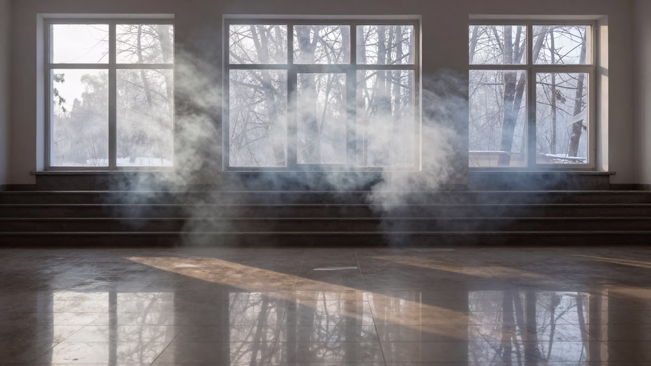 Smoke Plumes Over Forest Canopy Reflections in inside a tiled stair hall near Moscow