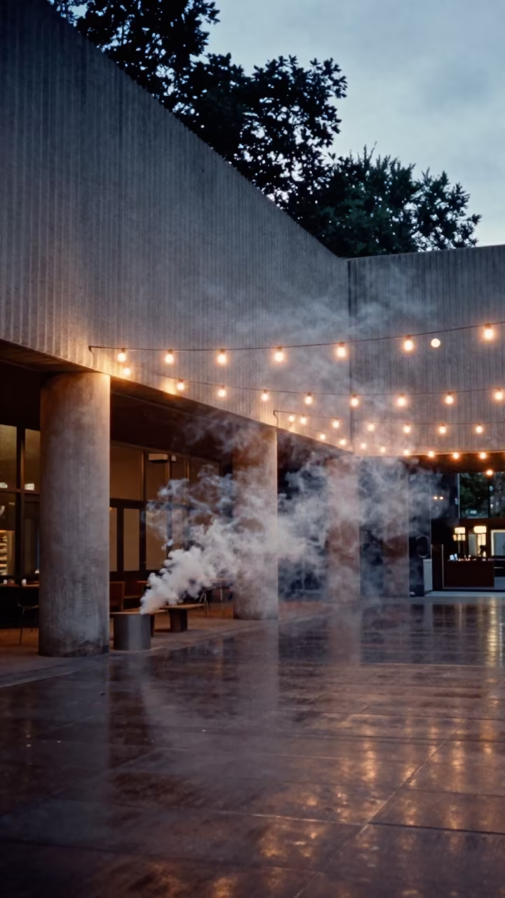 Smoke Plumes Over Forest Canopy in Salford Lobby in inside a ribbed concrete lobby near Salford