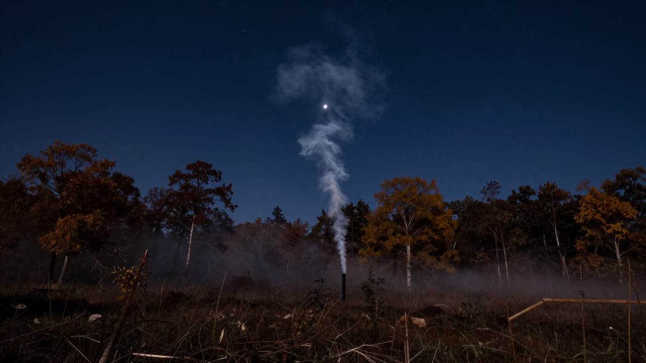 Smoke Spiral Rising Over Bishkek Jungle Night Sky in from a humid jungle overlook near Bishkek