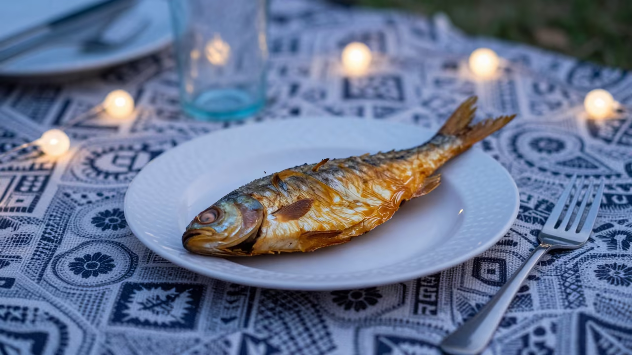 Smoked Fish and Cutlery on Bangkok Picnic Blanket in on a picnic blanket in Bang Rak, Bangkok