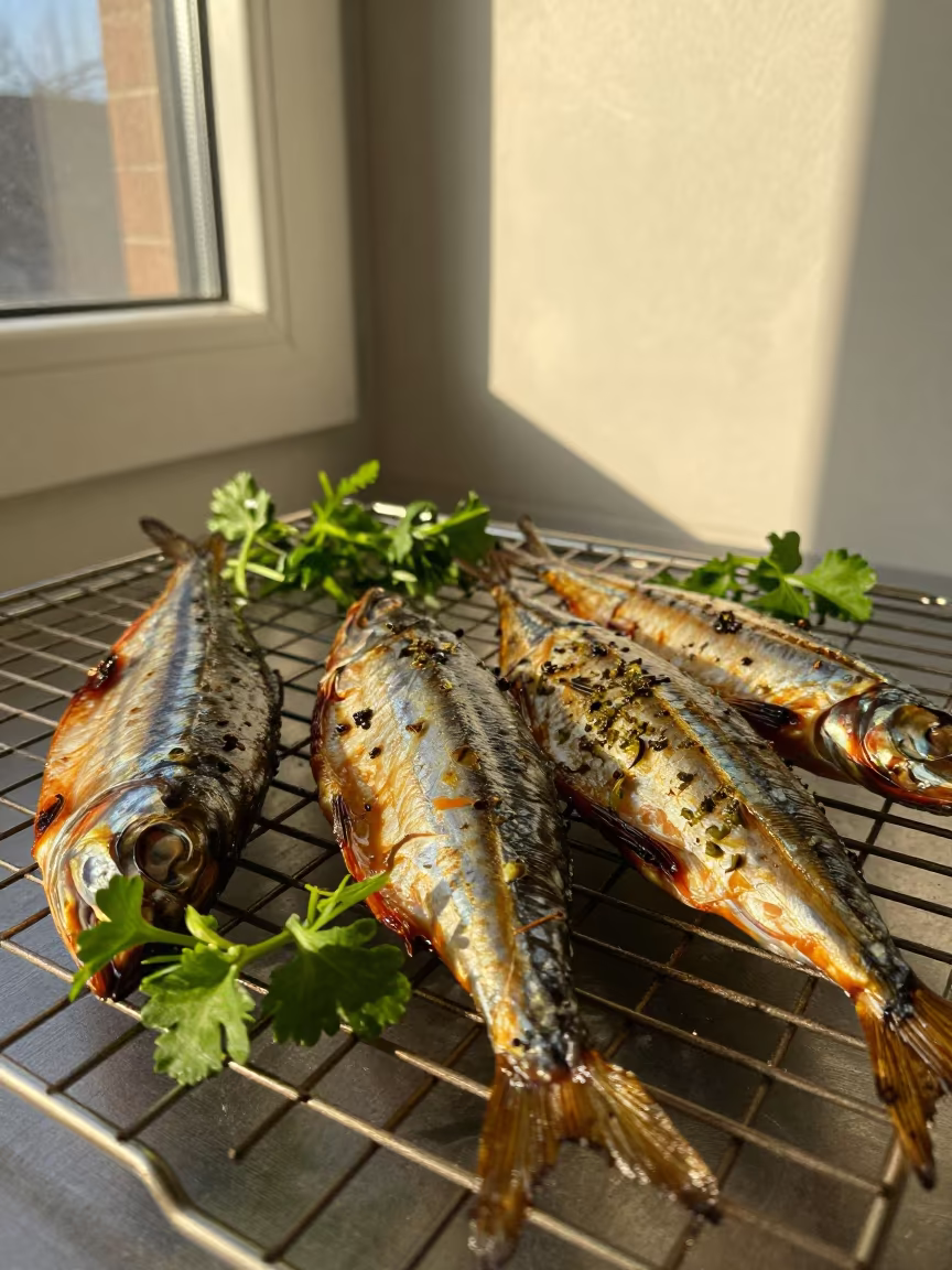 Smoked Fish and Herbs in Golden Window Light in on a bakery cooling rack in Batman