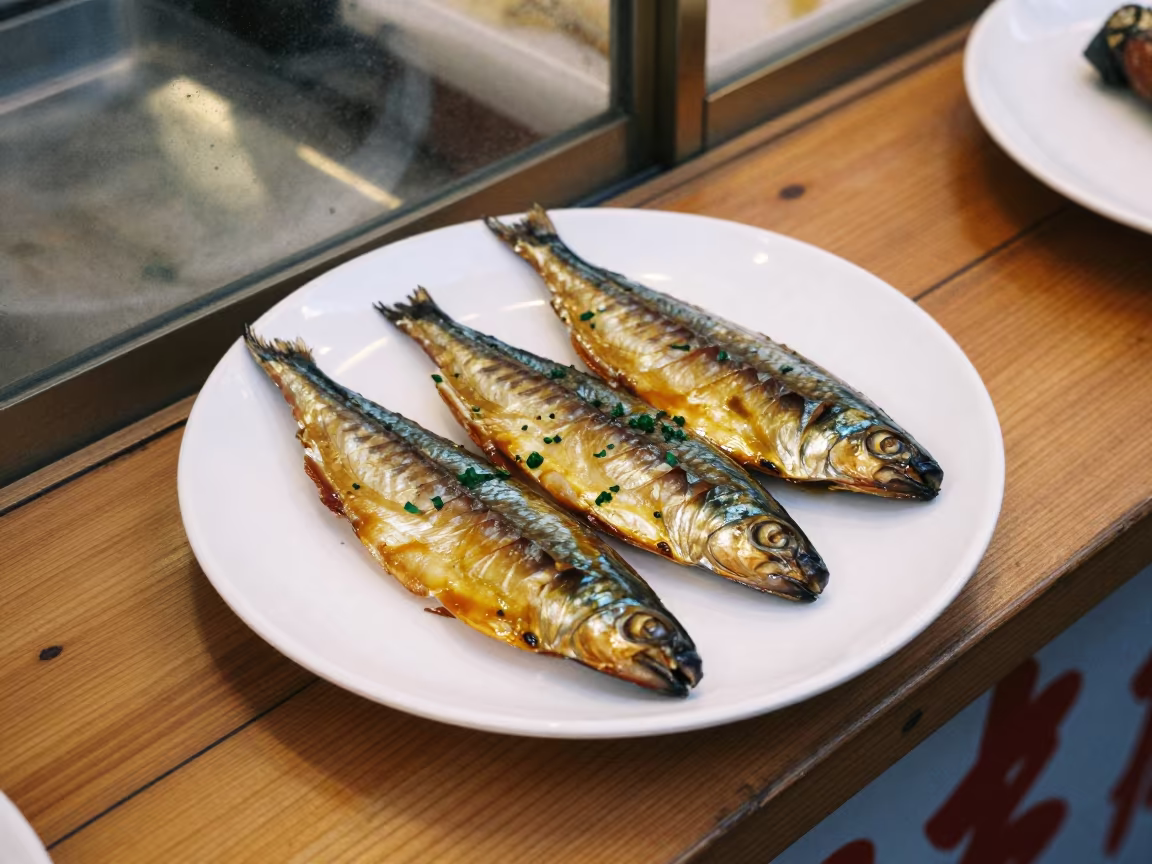 Smoked Fish and Herbs on Sapporo Market Counter in at a market stall counter in Sapporo