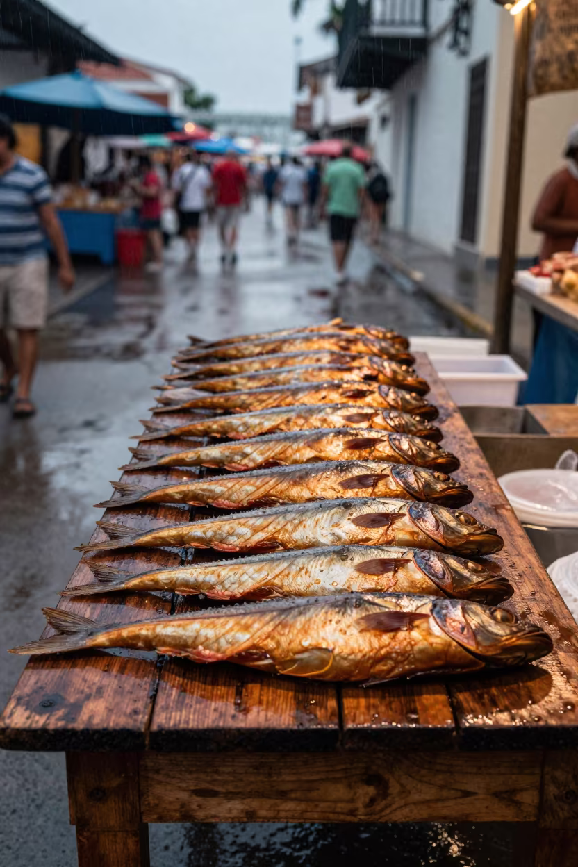 Smoked Fish Rows Nordic Market Cartagena Dusk in on a weathered outdoor table near Cartagena