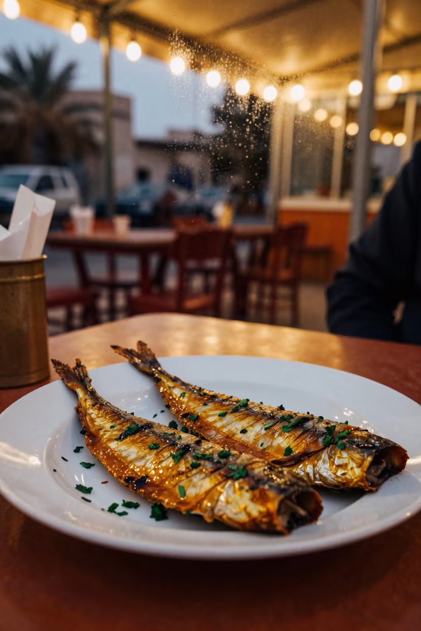 Smoked Fish Plate With Herbs Under String Lights in at a roadside diner table in Helwan