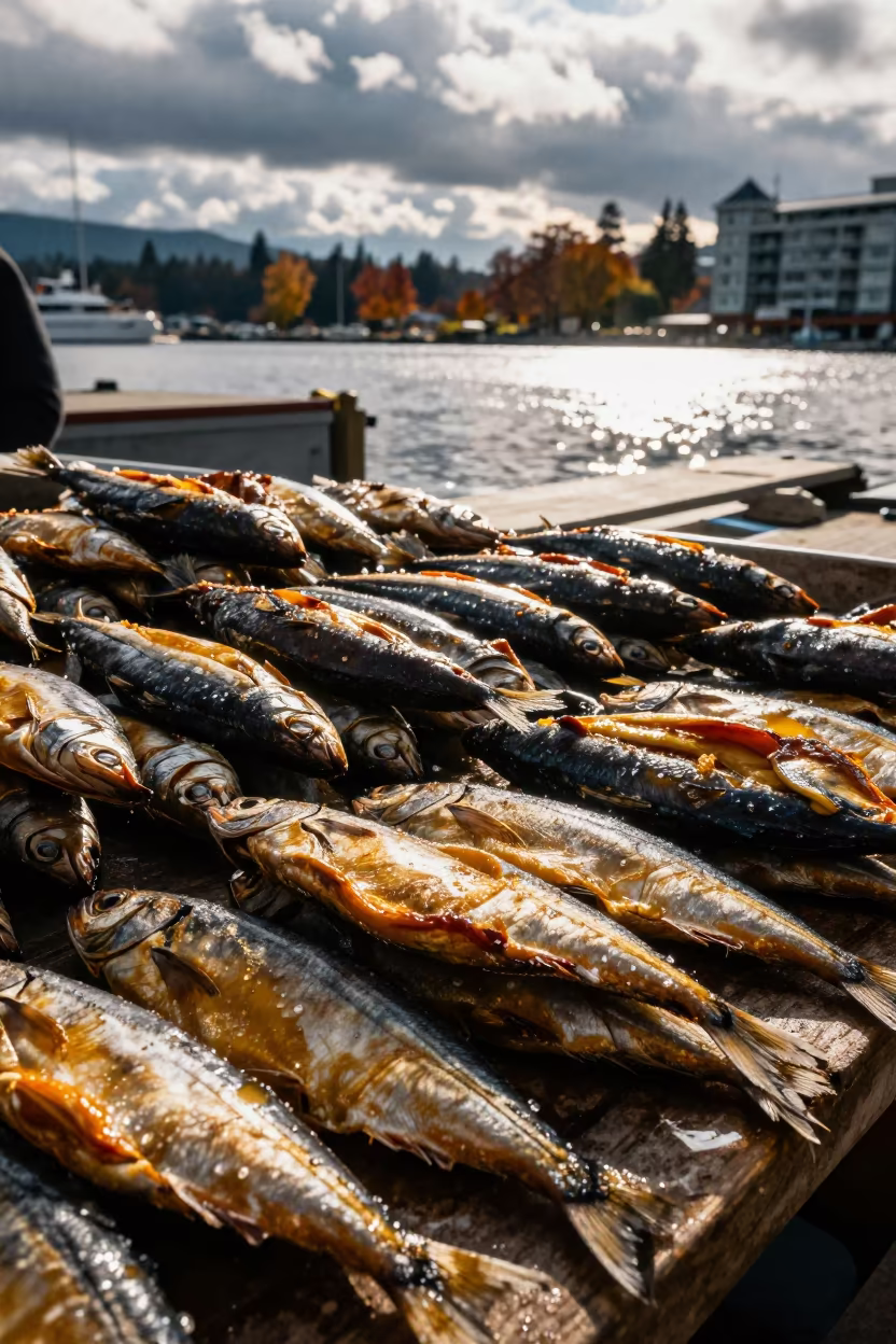 Smoked Fish Rows at Vancouver Harbor Market in at a fish market counter near Main Street, Vancouver