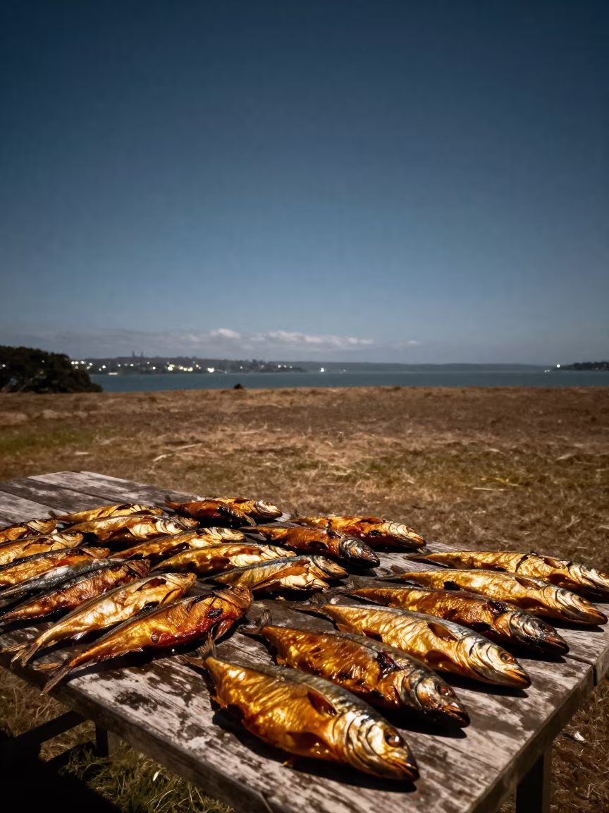 Smoked Fish Stacks Night Market Mount Eden in on a weathered outdoor table near Mount Eden, Auckland
