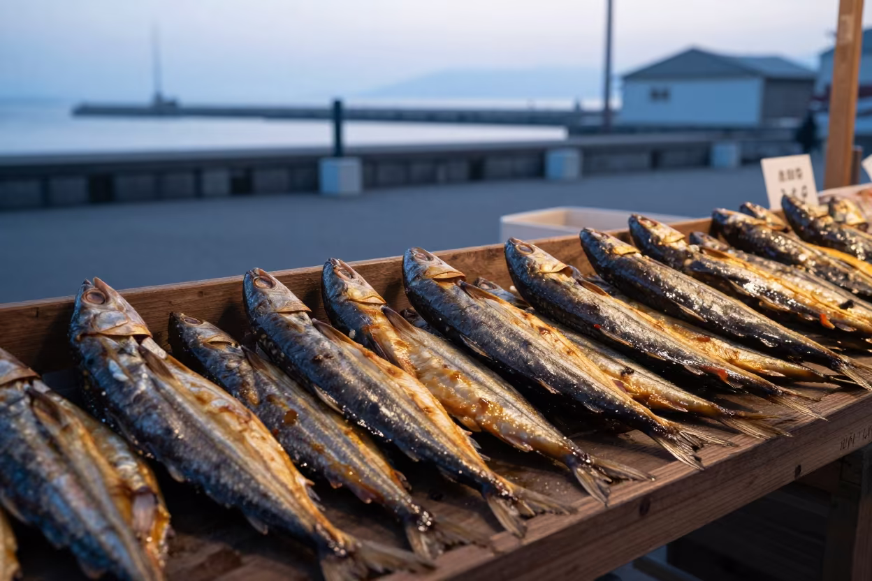 Smoked Fish Stacks at Osaka Harbor Market in at a fish market counter near Osaka