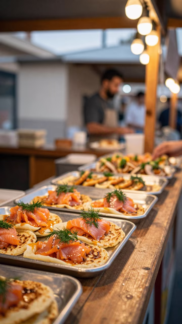 Smoked Salmon Blini with Dill at Edfu Market Stall in at a market stall counter in Edfu