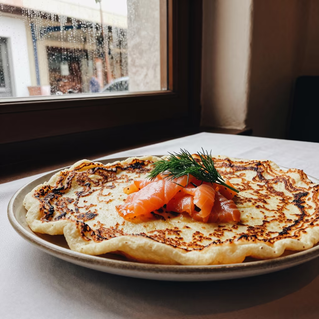 Smoked Salmon Blini with Dill on Linen in on a linen-covered restaurant table in Zapopan
