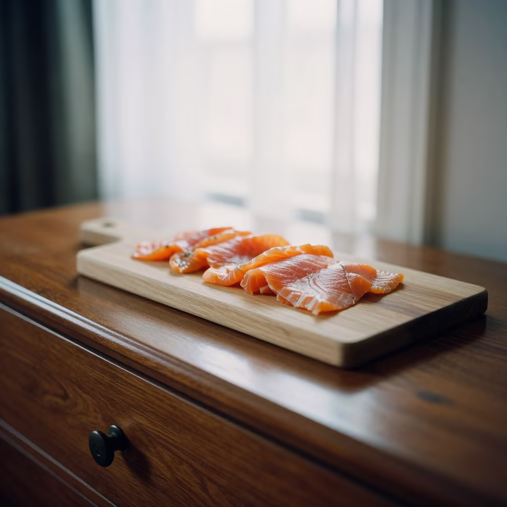 Smoked Salmon Slices on Hotel Dresser Light in on a hotel dresser in Borough Market, London