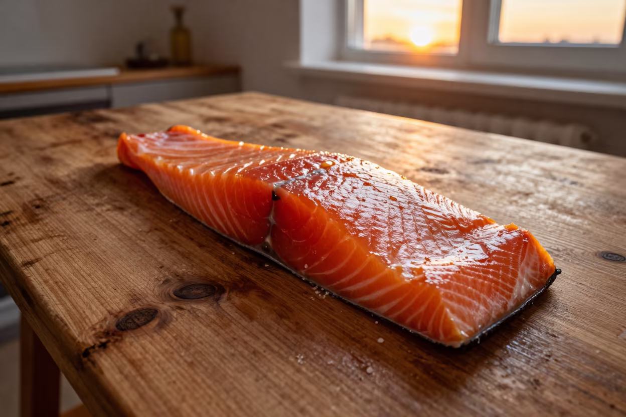 Smoked Salmon on Wooden Workbench Warsaw Sunset in on a wooden workbench near Saska Kepa, Warsaw