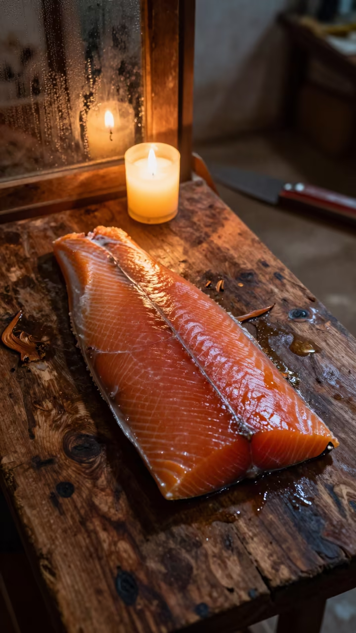 Smoked Salmon on Wooden Workbench Yangon in on a wooden workbench near Yangon