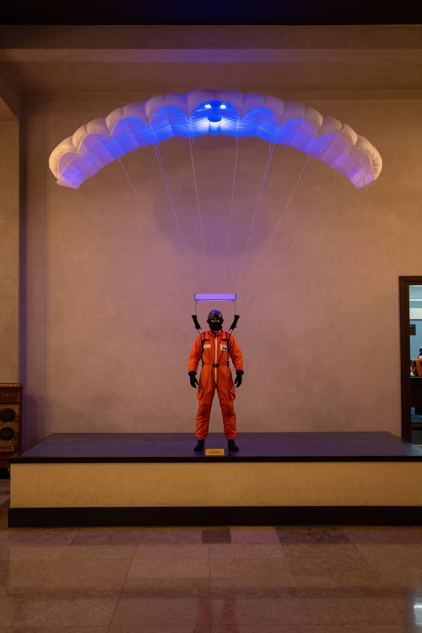 Smokejumper Parachute Display in Neon Light in on a painted display ledge in Denpasar