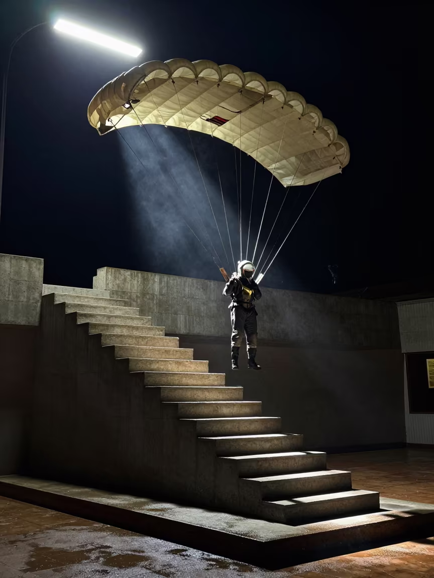 Smokejumper Parachute Museum Plinth Night in on a museum plinth near Mbarara