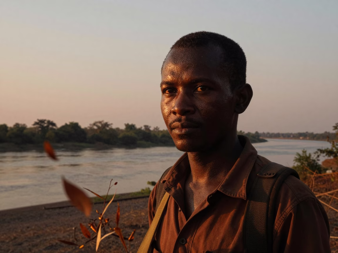 Smokejumper Soot Forehead Silhouette Asaba Dusk in near a riverside landing in Asaba