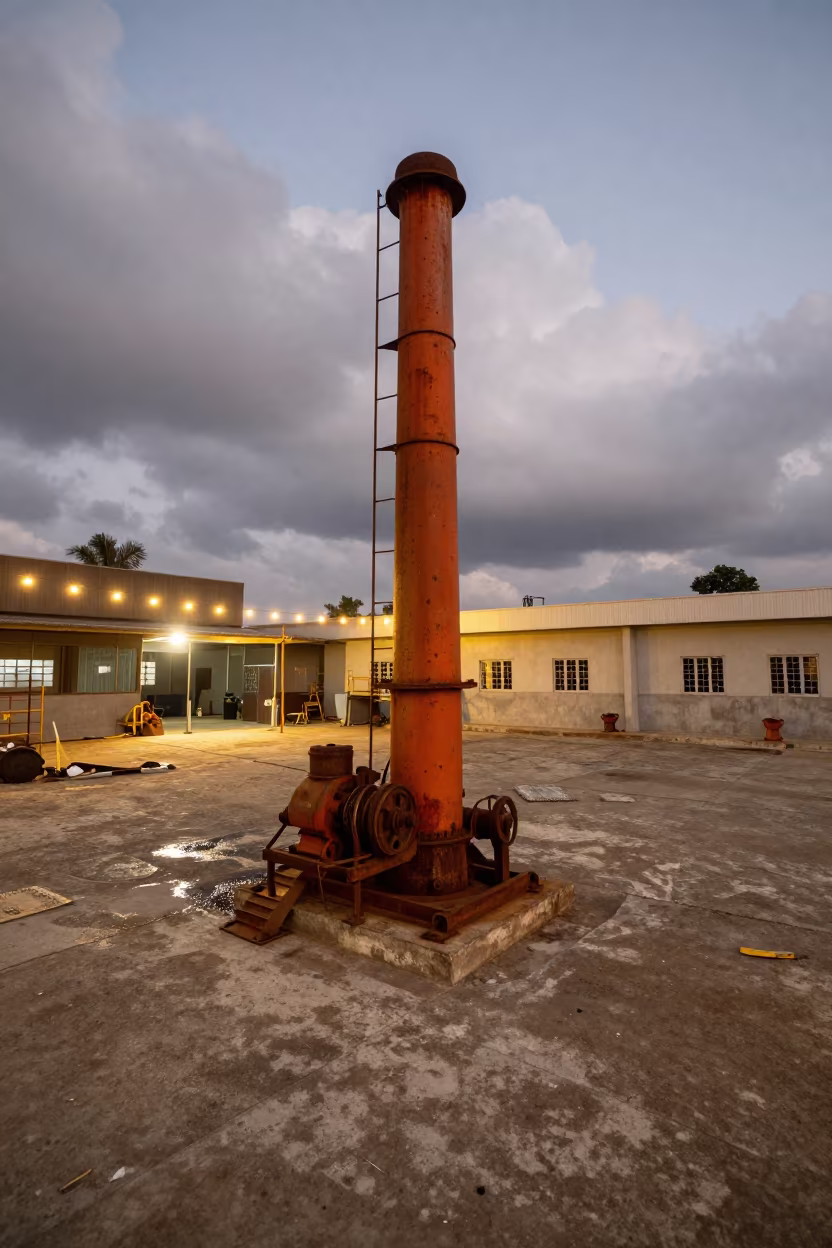 Smokestack in Lagos Welding Bay at Dusk in in a welding bay near Lagos