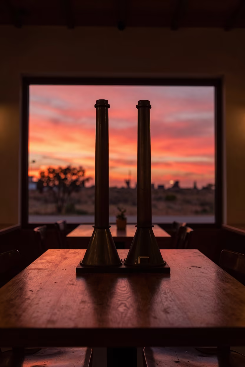 Smokestacks Framing Blood Red Sunset Merida Cafe in on a cafe table by a window near Merida