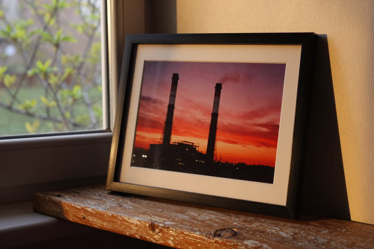 Smokestacks in Red Sunset on San Luis Railing in on a pier railing in San Luis