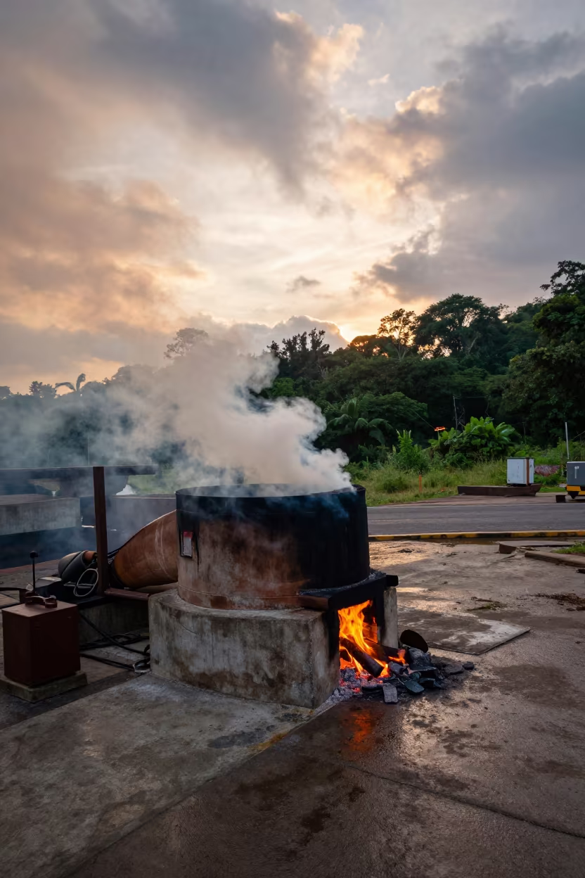 Smoking Charcoal Kiln Sunset Veracruz in at a loading dock near Veracruz