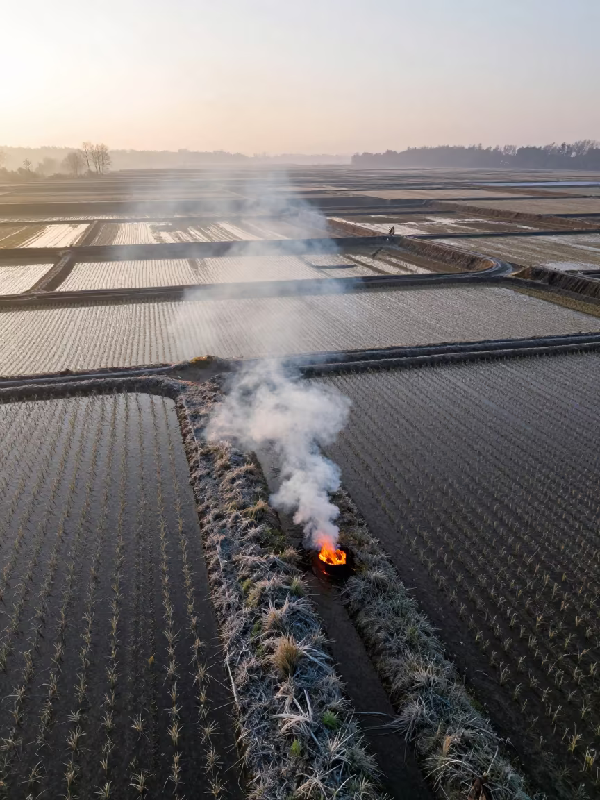 Smoking Fire Amid Frozen Terraced Paddies in among terraced rice paddies in Northwest Territories