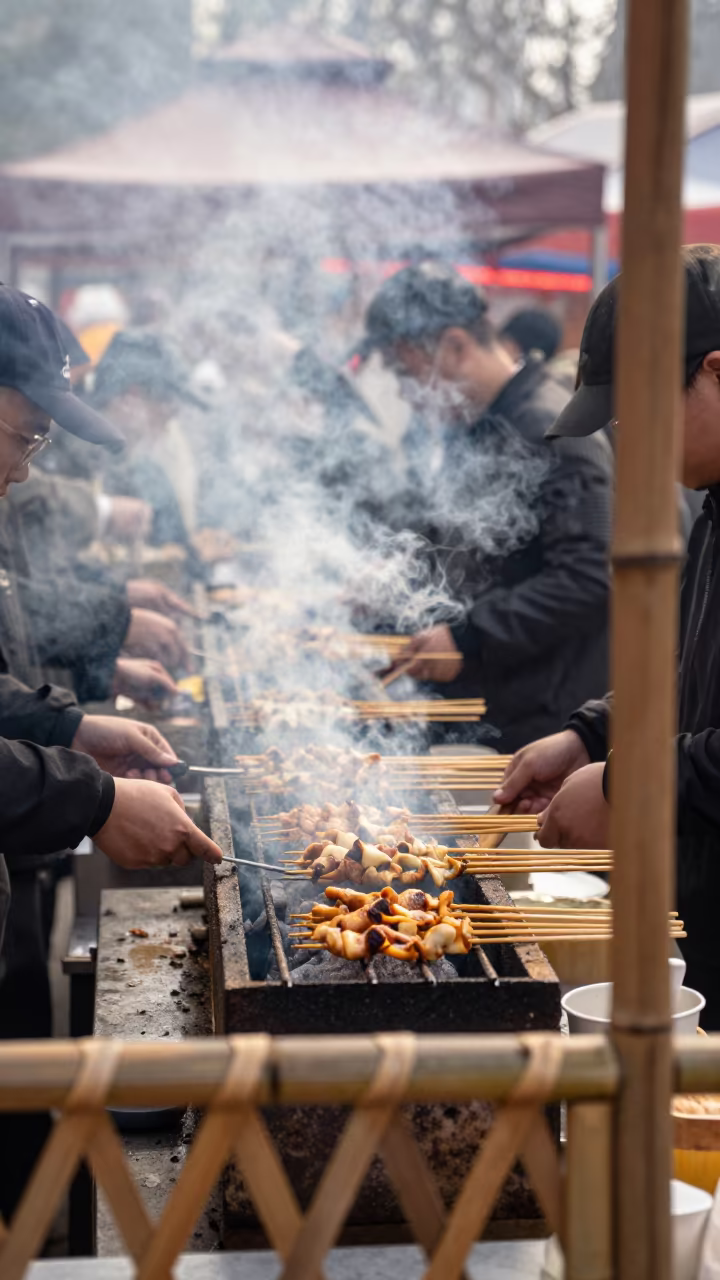 Smoking Satay at Dalian Market Stall in at a market stall in Dalian
