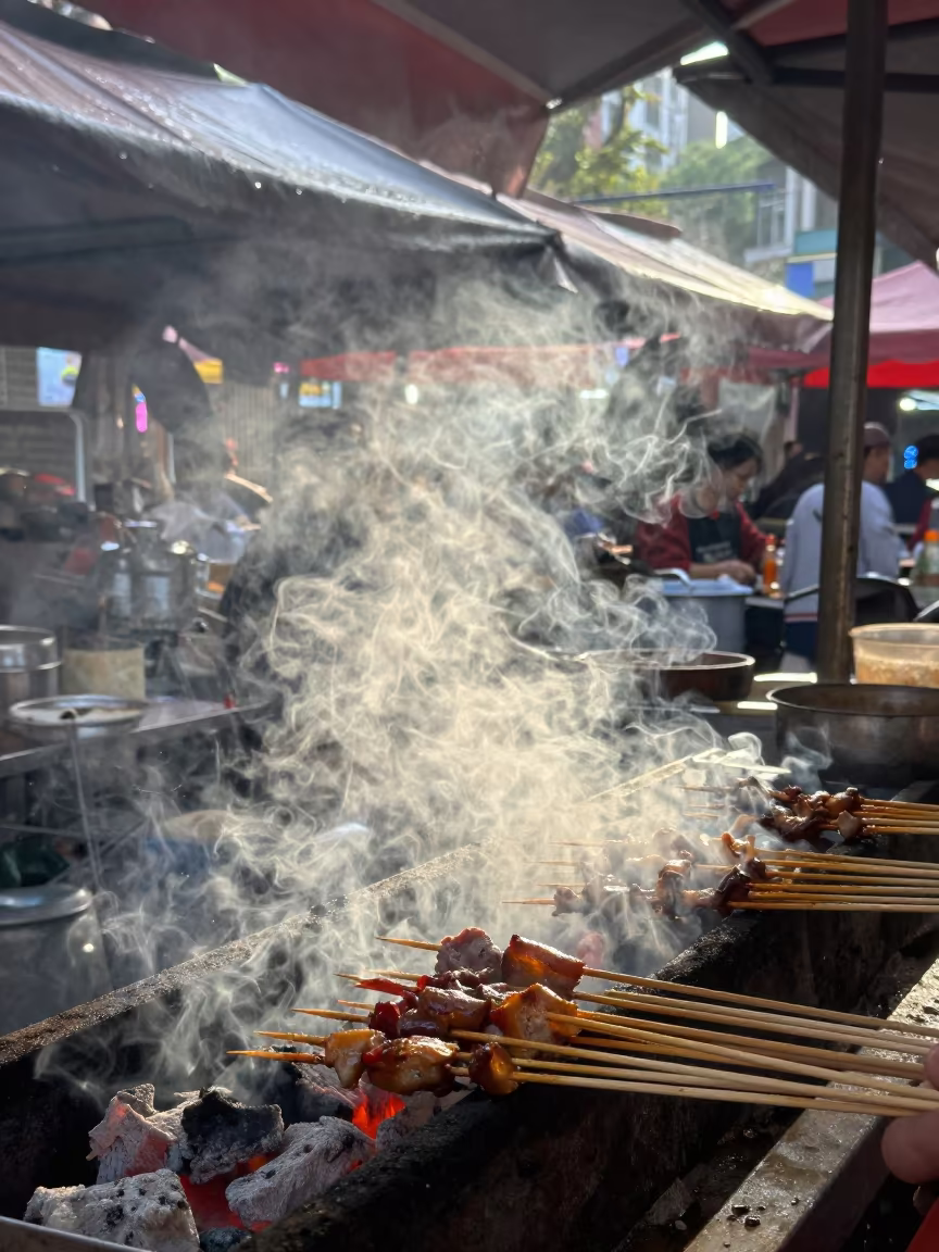 Smoking Satay Skewers Over Charcoal Dawn Light in under a market canopy in Guiyang